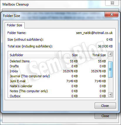 mailbox folder size in Outlook 2010