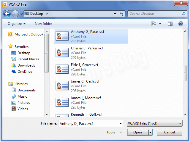 how to import contacts into outlook from vcard file