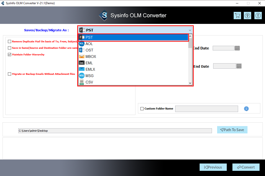 select pst a a saving file format