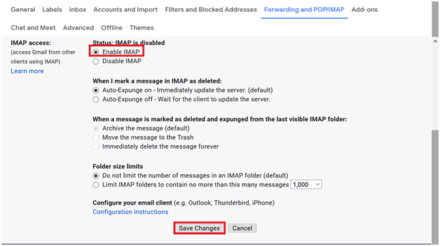 enable imap save chnages